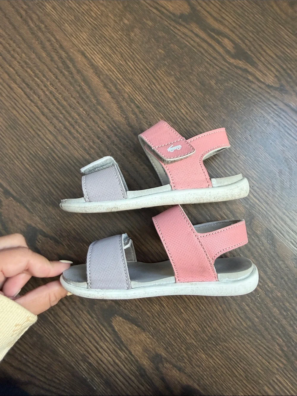 See Kai Run Pink and Light Gray Velcro Strap Sandals. Toddler 9
